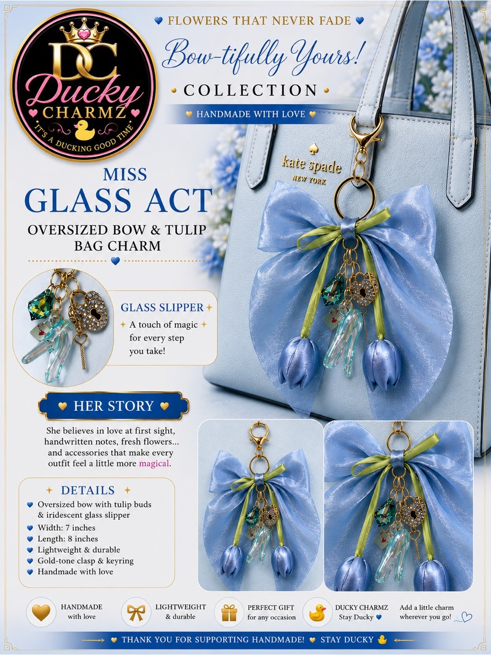 Ducky Charm- MISS GLASS ACT Bow Bag Charm | Oversized Blue Bow